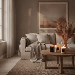 Warm living room with three candles on a wooden coffee table