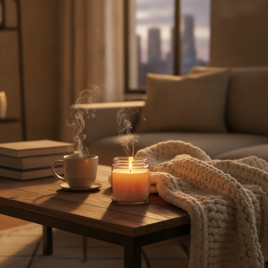 Candle in a cosy living room scene