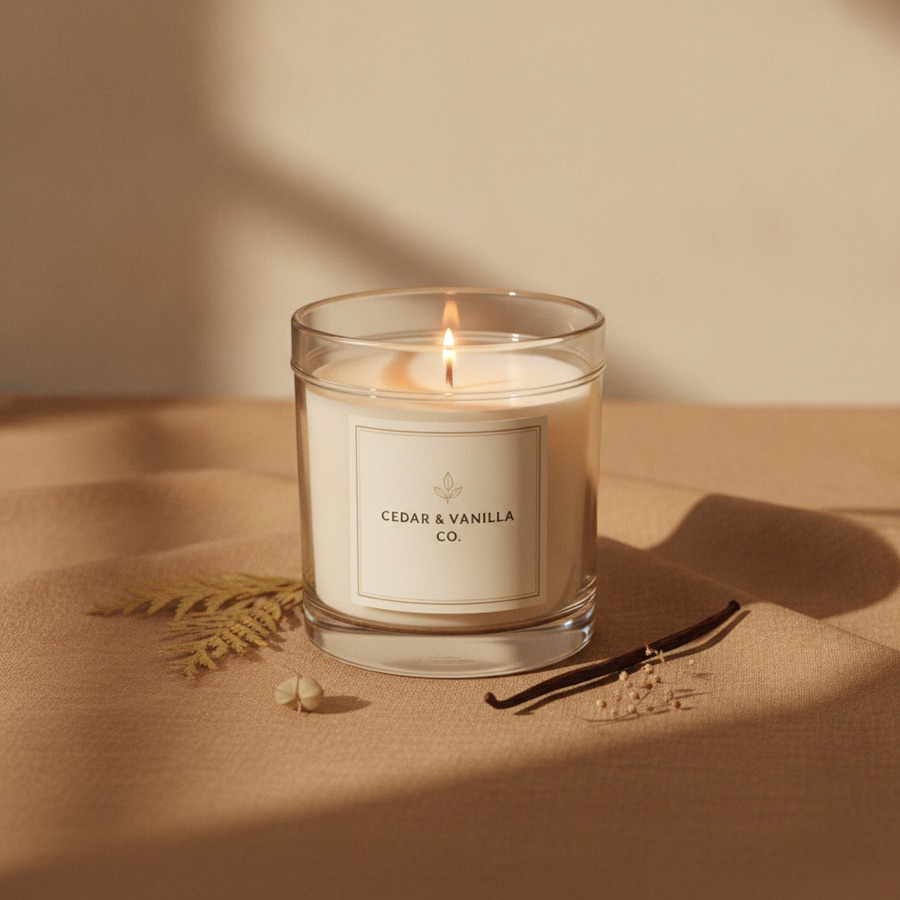 The same candle styled on a warm linen background